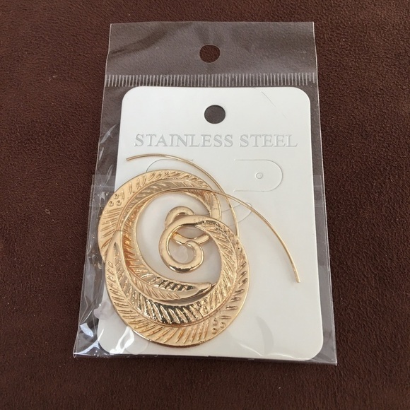 NEW Gold Plated Swirl Earrings Boho Ethnic Round Hoop Stainless Steel - Picture 2 of 5